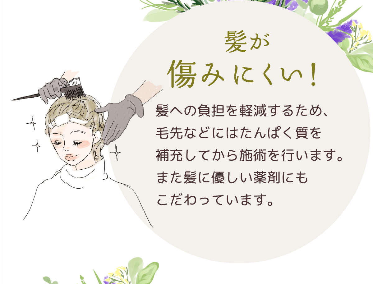 髪が傷みにくい！ | 髪への負担を軽減するため、毛先などにはたんぱく質を補充してから施術を行います。また髪に優しい薬剤にもこだわっています。