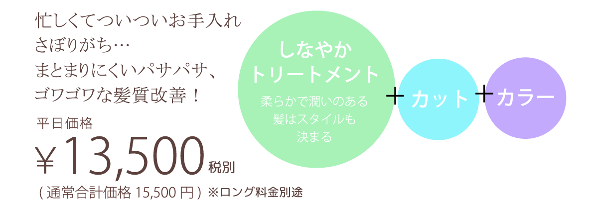 忙しくてついついお手入れさぼりがち…。まとまりにくいパサパサ、ゴワゴワな髪質改善！ ￥13,500（税別）（通常合計価格￥15,500（税別））※ロング料金別途 | メニューの内容…エイジレスケアカラー（白髪も染められてオシャレも楽しめる明るめカラー） ＋ カット ＋ トリートメント ＋ ボリューム調整小顔カール